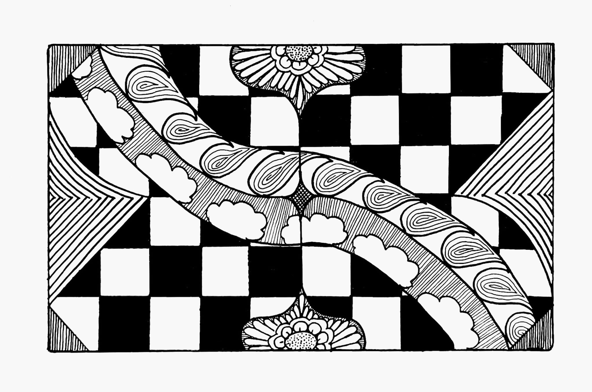 A checkered background, with a patterned curve across the middle, and flower paisleys on the bottom and top of the drawing..