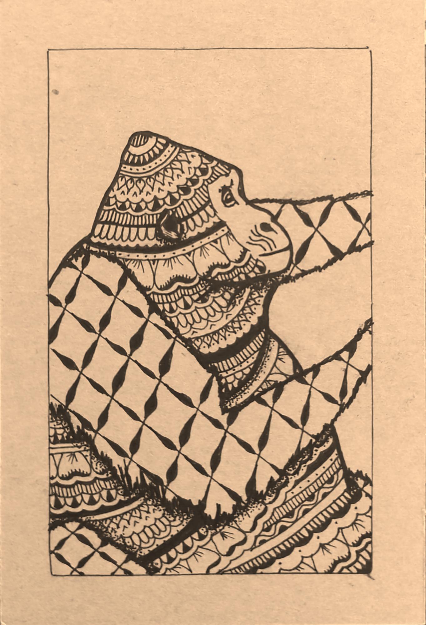 Drawing of a gorilla decorated with henna patterns.