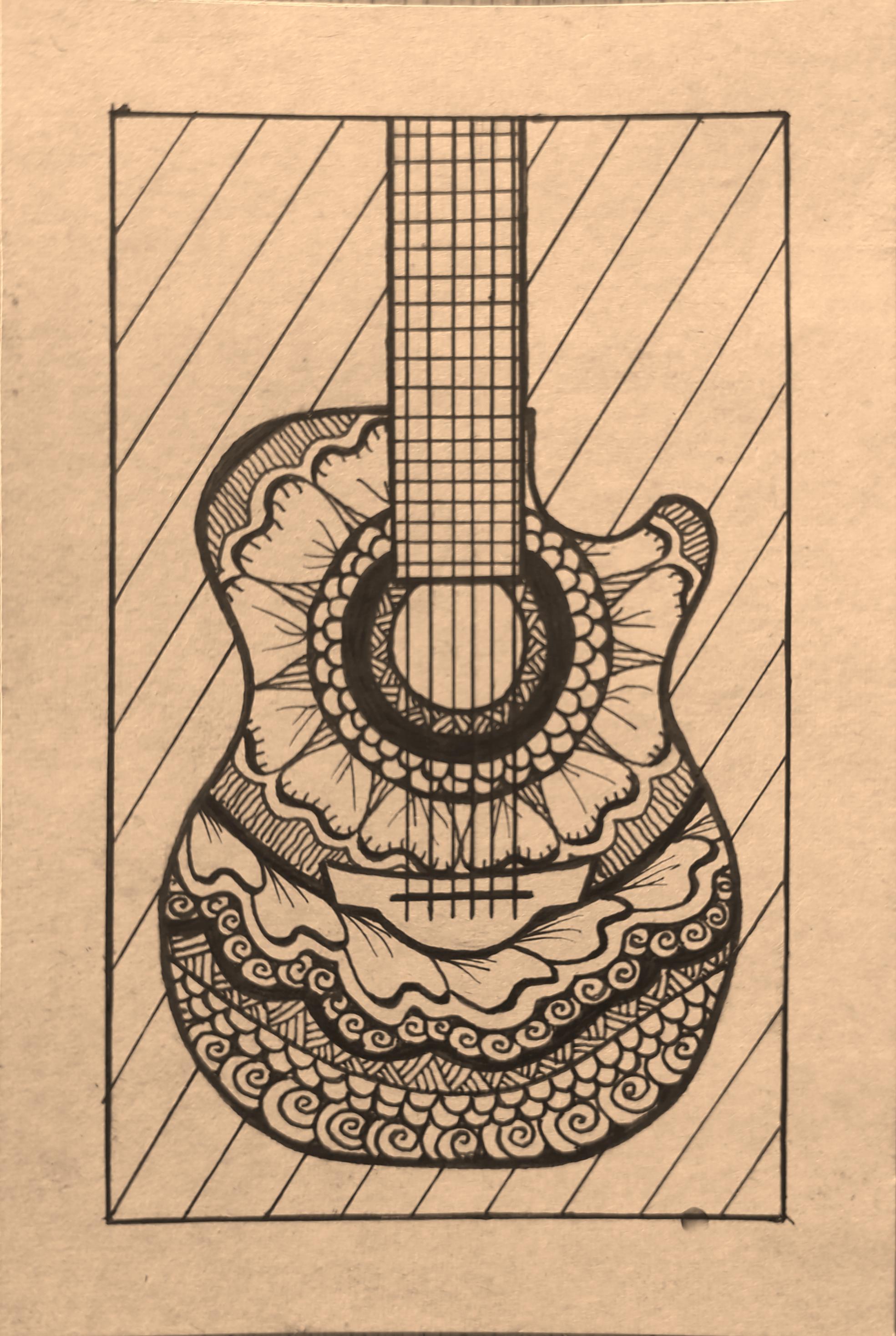 Drawing of a guitar with henna patterns on it.