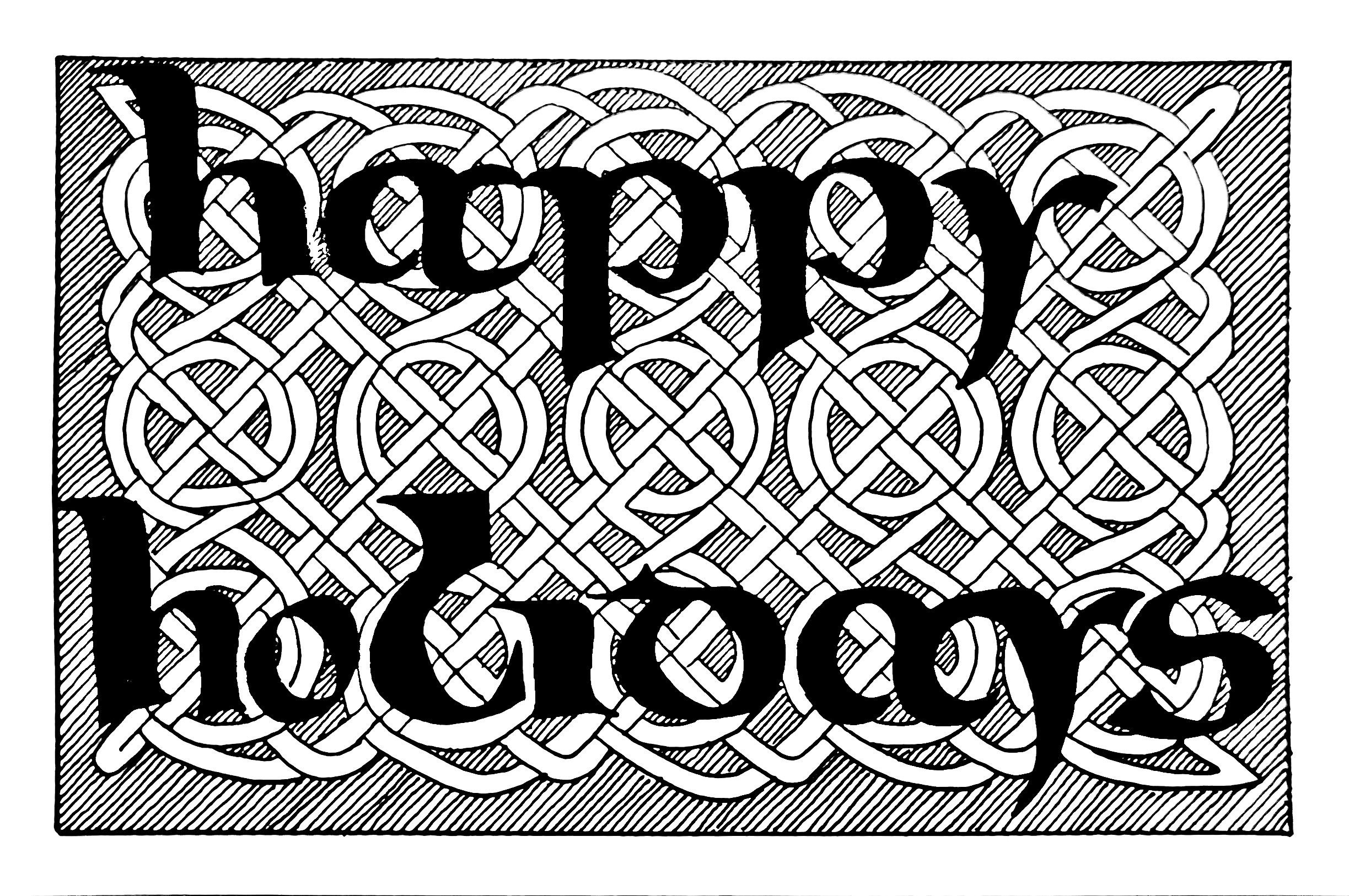 A holiday card wishing 'happy holidays' with celtic knots in the background.