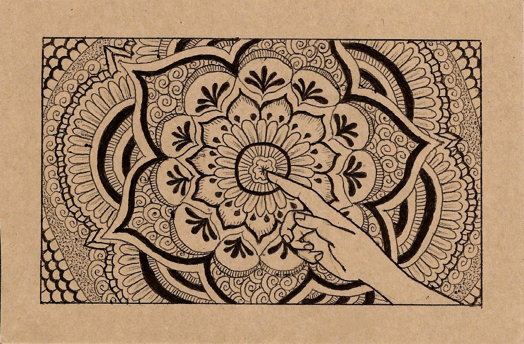 Drawing of a hand with designs radiating out from the pointer finger.