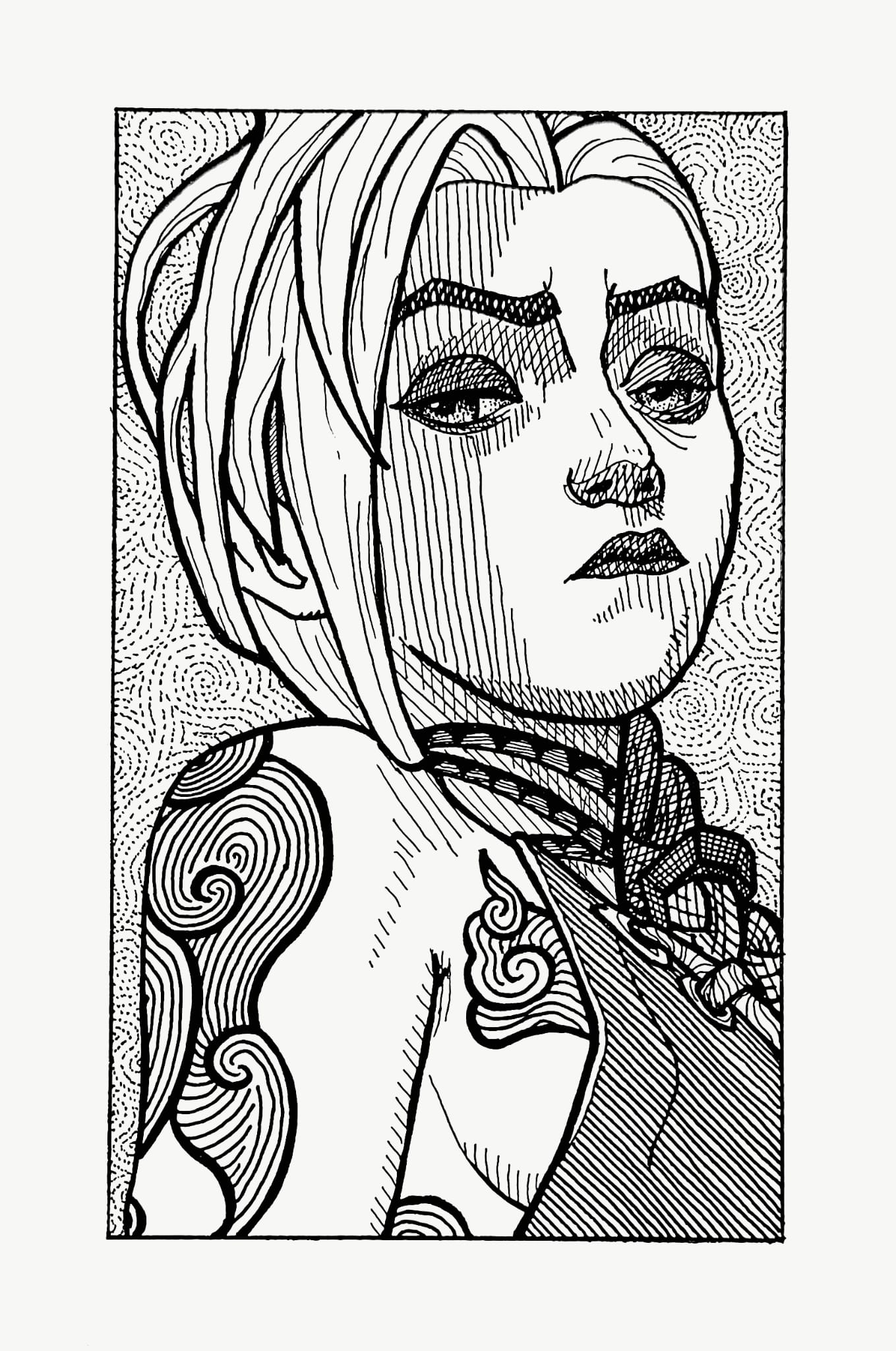 Drawing of the character Jinx from Arcane in a linework style. Not available.