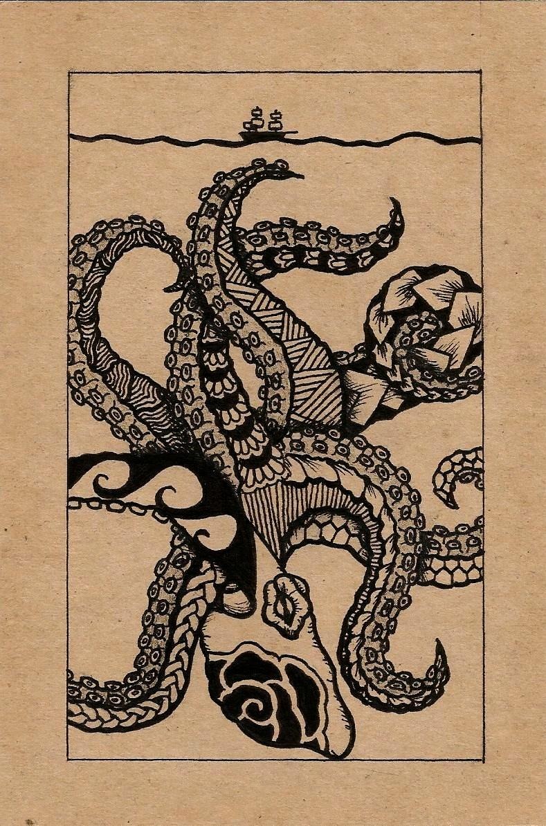 Drawing of a gigantic kraken under a ship.