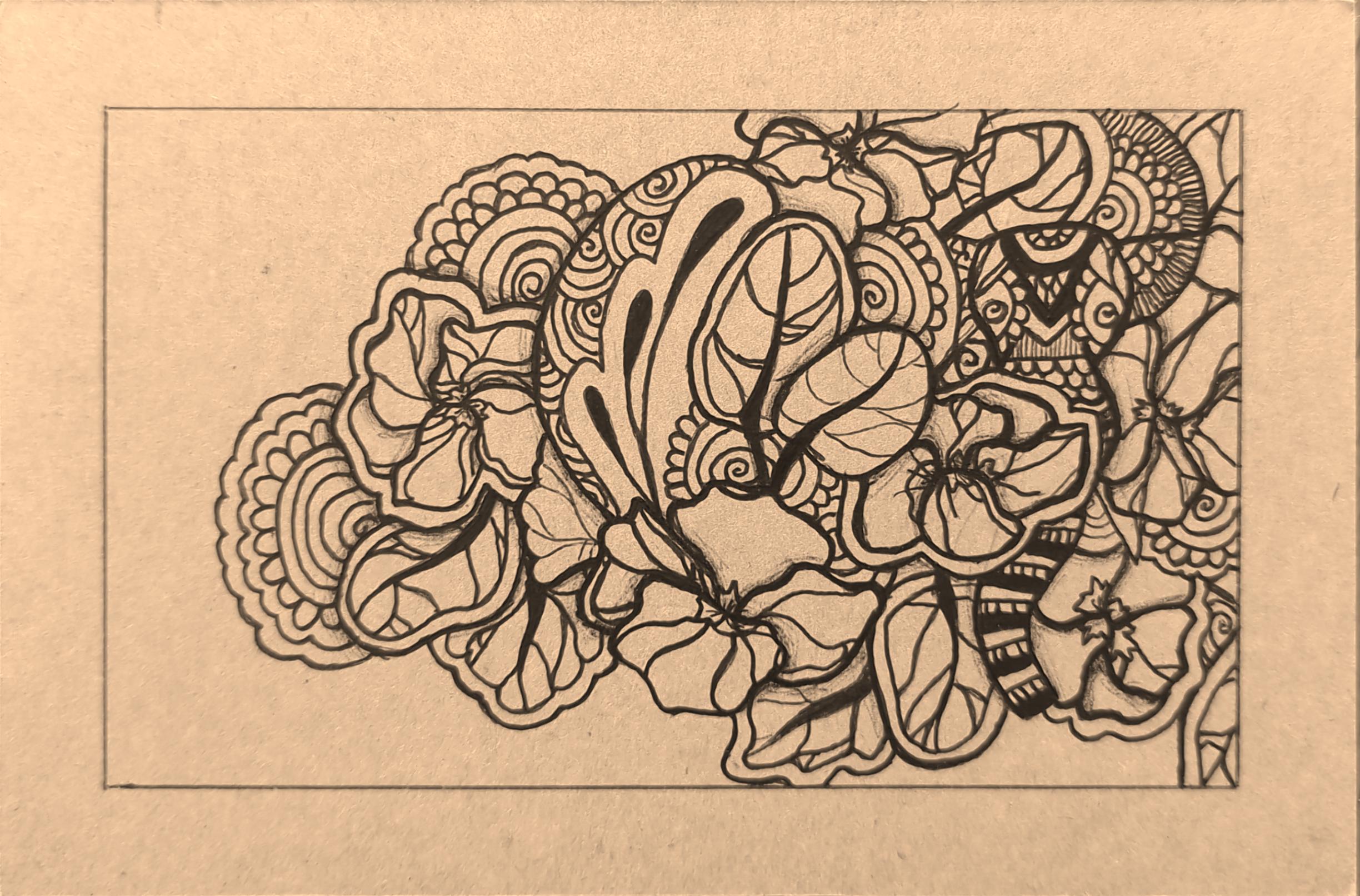 Drawing of a henna elephant nested in some pansy flowers.