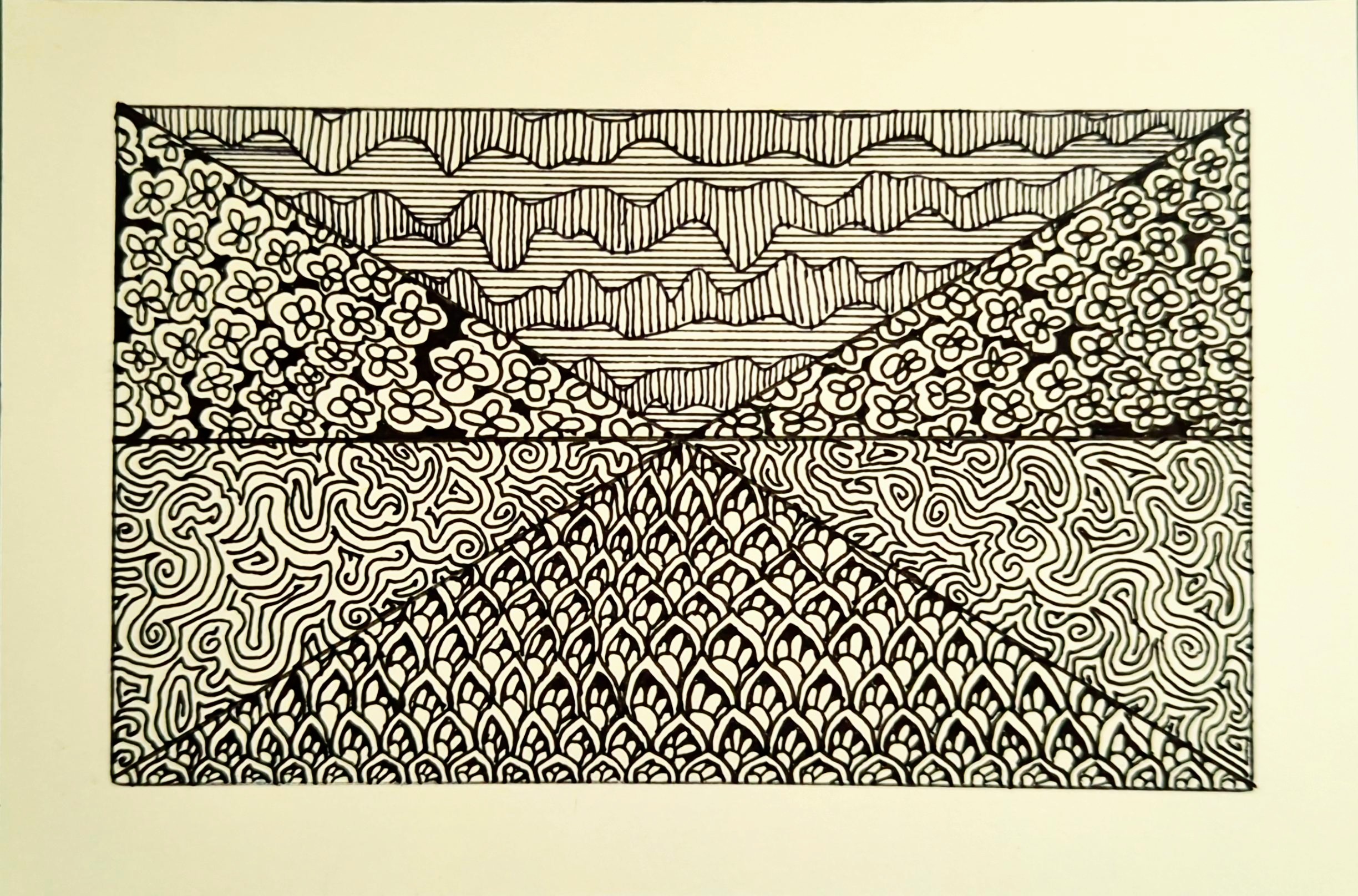 A rectangle subsected into six sections, each filled with a pattern.