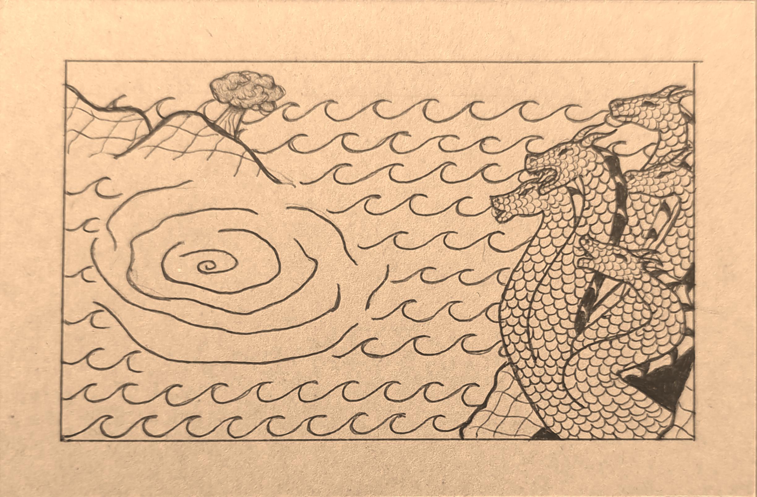 Drawing of Scylla and Charybdis from Greek mythology.