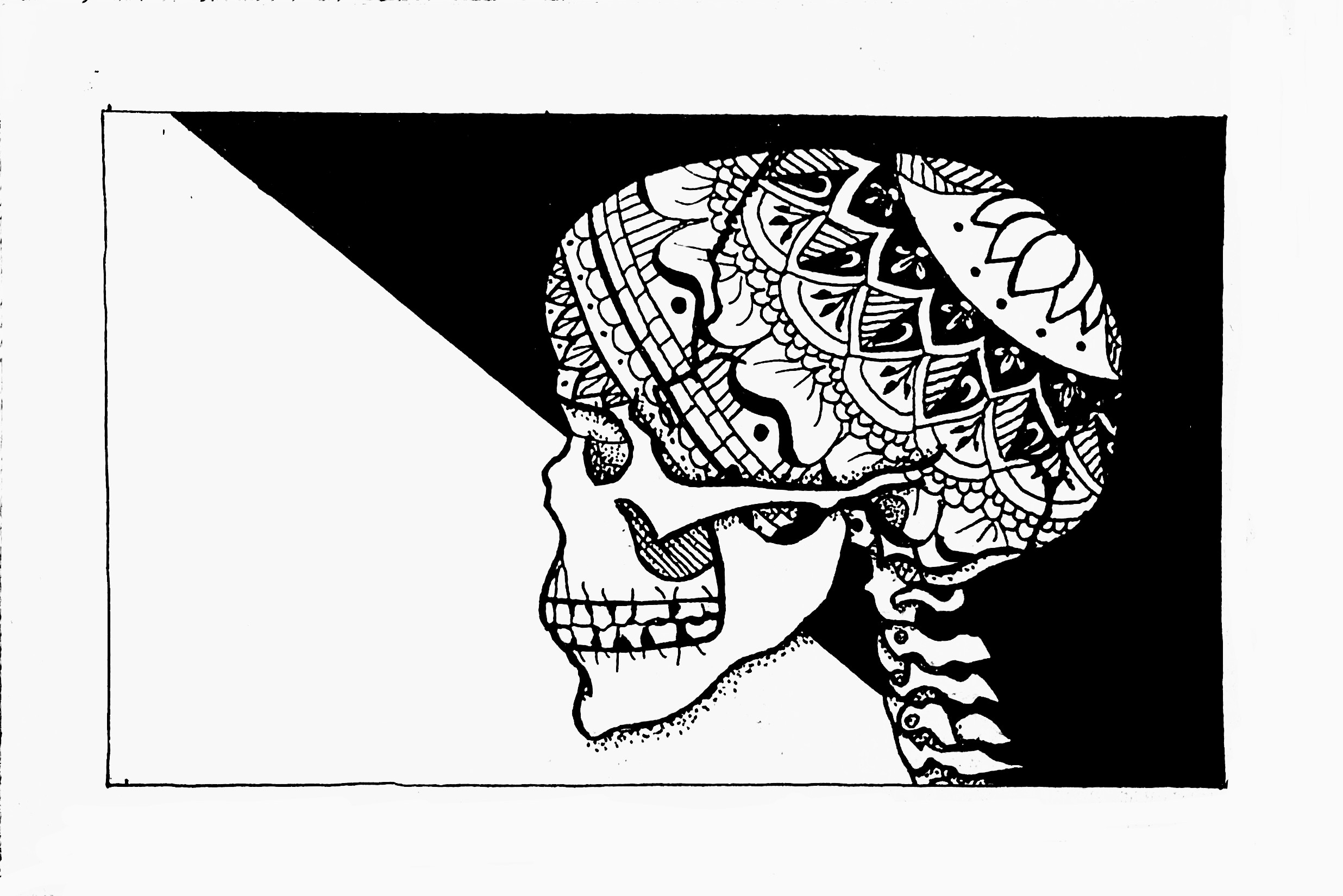 A human skull and spine profile, where the skull is decorated with henna patterns.
