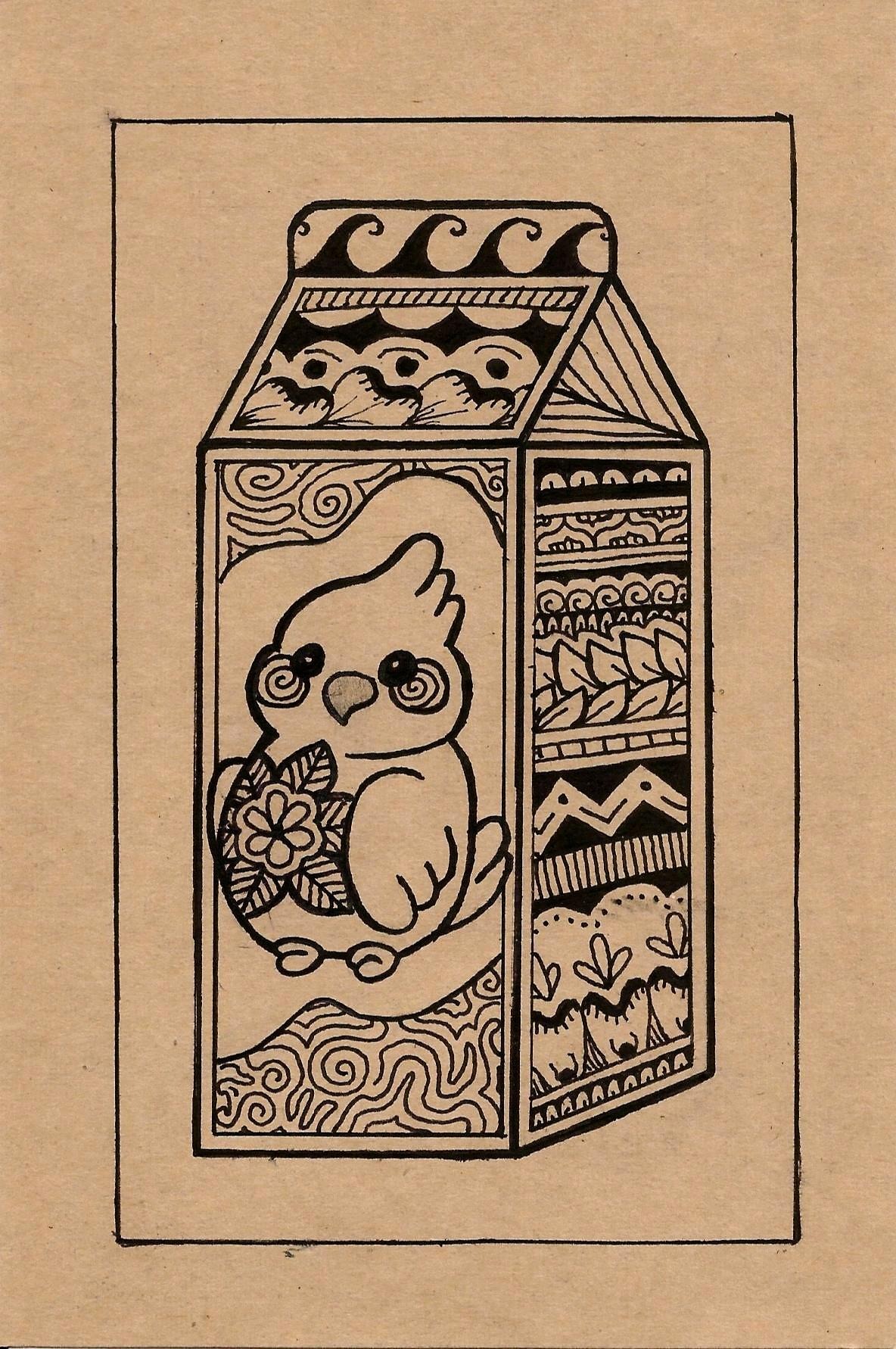 Drawing of a cockatiel on a milk carton.